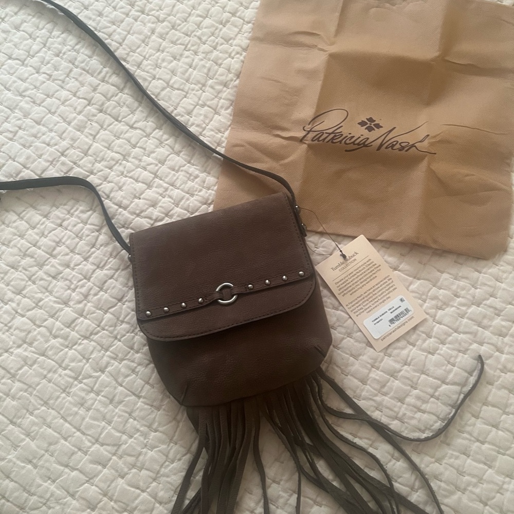Patricia Nash Dark Brown Studded Fringe Crossbody Bag